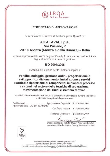 ISO 9001 Sales Company Monza & Genova.pdf - Alfa Laval